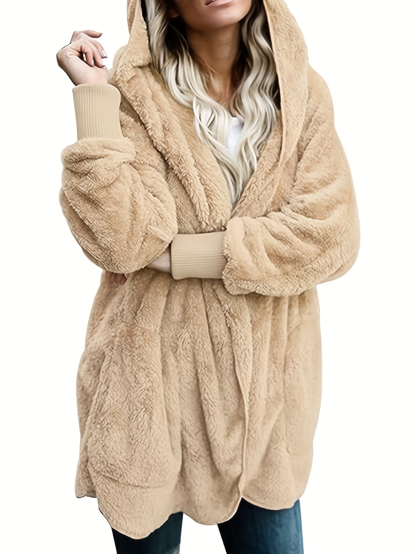 Solid Hooded Fuzzy Coat, Casual Long Sleeve Open Front Coat For Winter & Fall, Women's Clothing