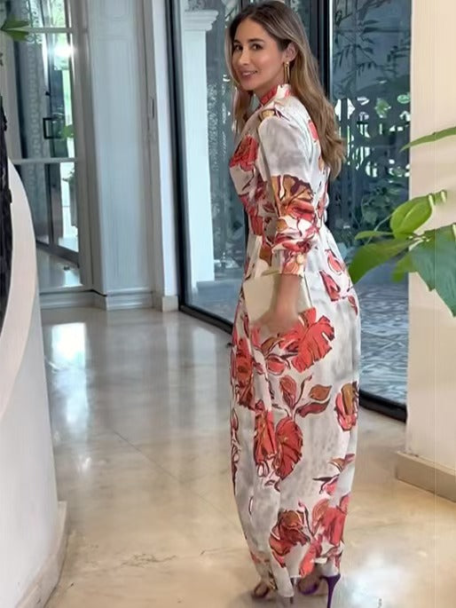 Fashion Bohemian Print Split Joint V Neck A Line Dresses