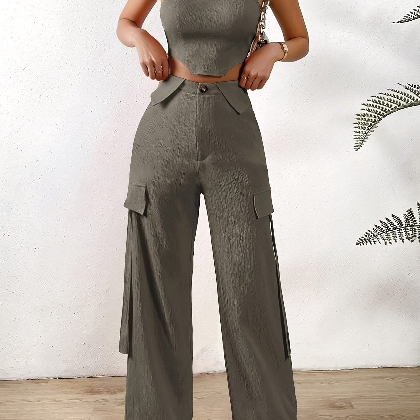 vlovelaw Solid Color Two-piece Set, Tie Back Tube Top & Button Long Pants Outfits, Women's Clothing