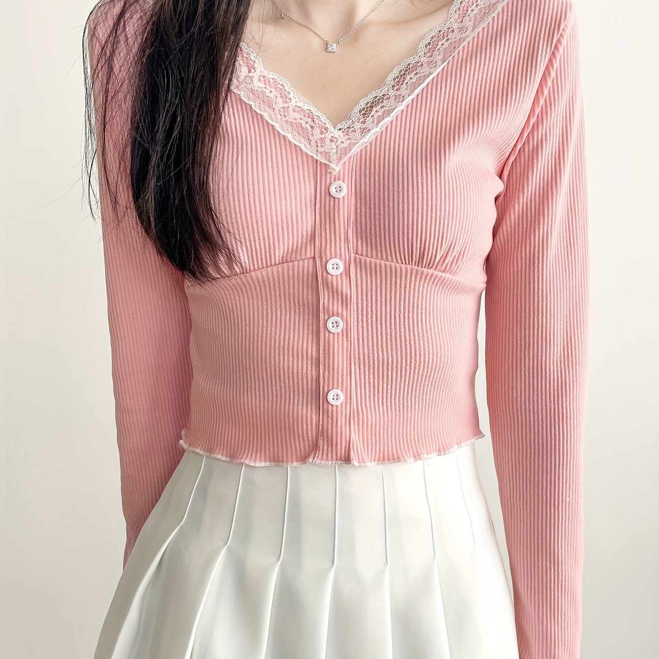 vlovelaw  Contrast Lace Trim V-neck Crop Top, Y2K Lettuce Trim Long Sleeve T-shirt, Women's Clothing