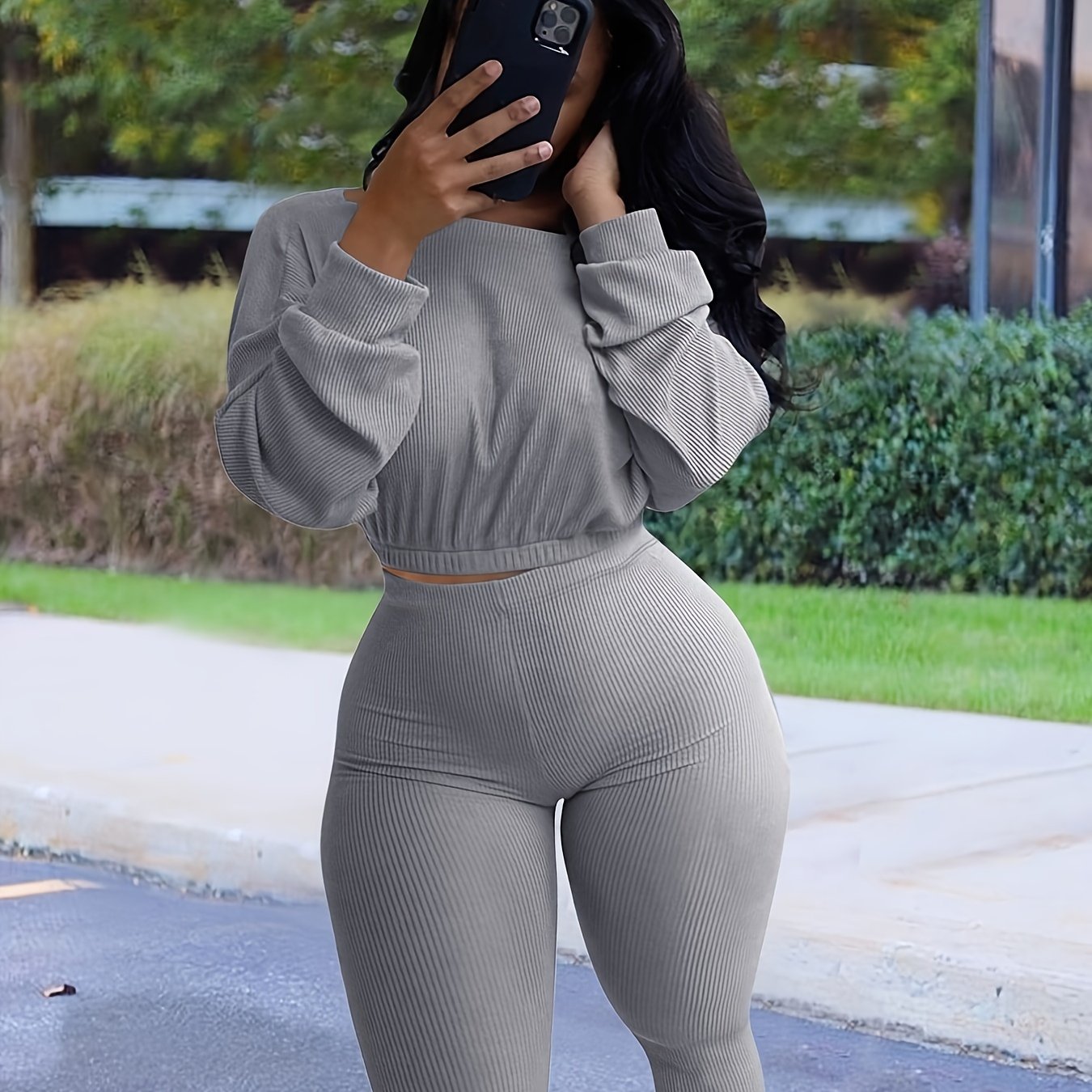 vlovelaw Solid Casual Two-piece Set, Crew Neck Long Sleeve Tops & High Waist Pants Outfits, Women's Clothing
