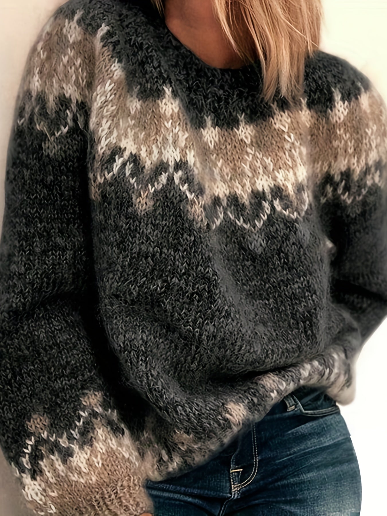 Color Block Mohair Chunky Knit Pullover Sweater, Casual Long Sleeve Raglan Shoulder Sweater For Fall & Winter, Women's Clothing