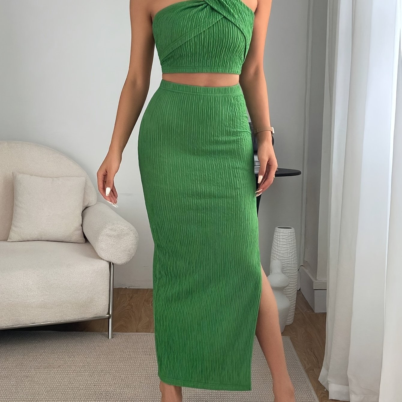 vlovelaw Solid Elegant Two-piece Skirt Set, One Shoulder Crop Top & Split Skirt Outfits, Women's Clothing