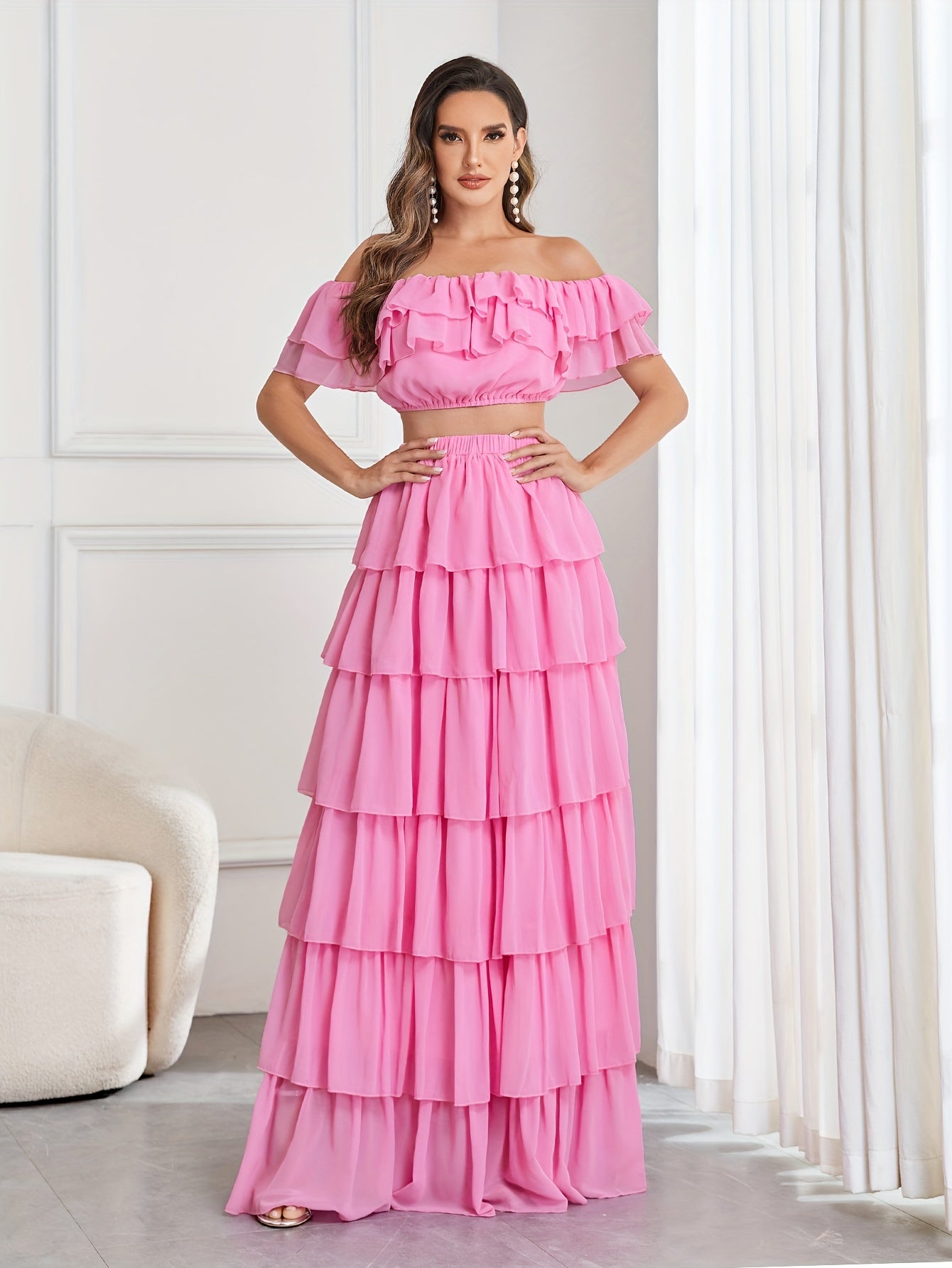 vlovelaw Elegant Two-piece Set, Off Shoulder Ruffle Trim Crop Top & Layer Hem Skirt Outfits, Women's Clothing
