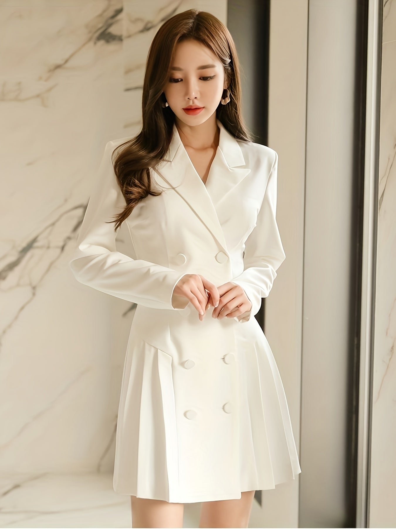 vlovelaw Double Breasted Pleated Blazer, Elegant Solid Long Sleeve Mid Length Outerwear, Women's Clothing