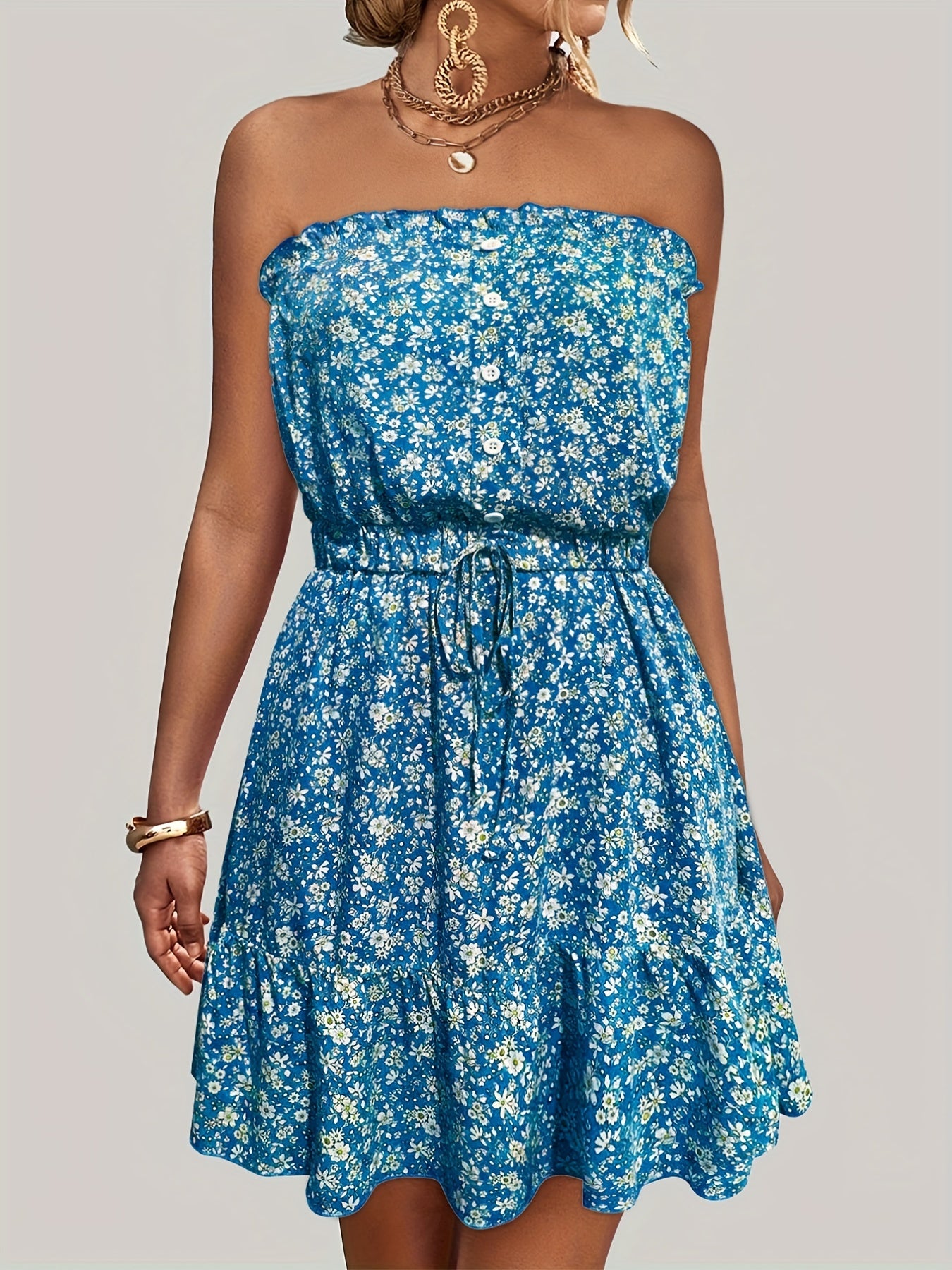 Ditsy Floral Off Shoulder Dress, Sexy Sleeveless Drawstring Summer Dress, Women's Clothing