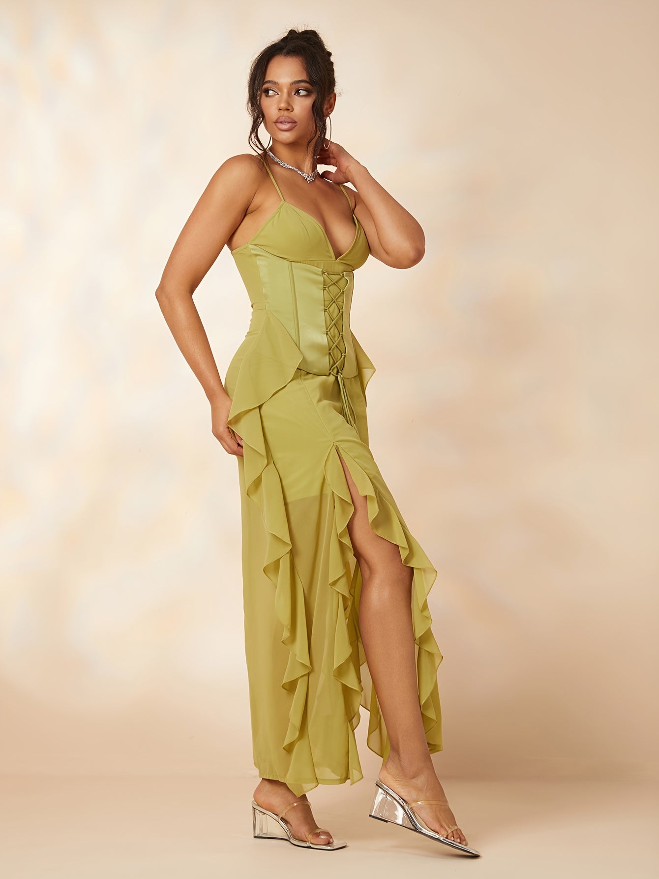 vlovelaw Ruffle Trim Split Dress, Party Wear Spaghetti Strap Solid Dress, Women's Clothing
