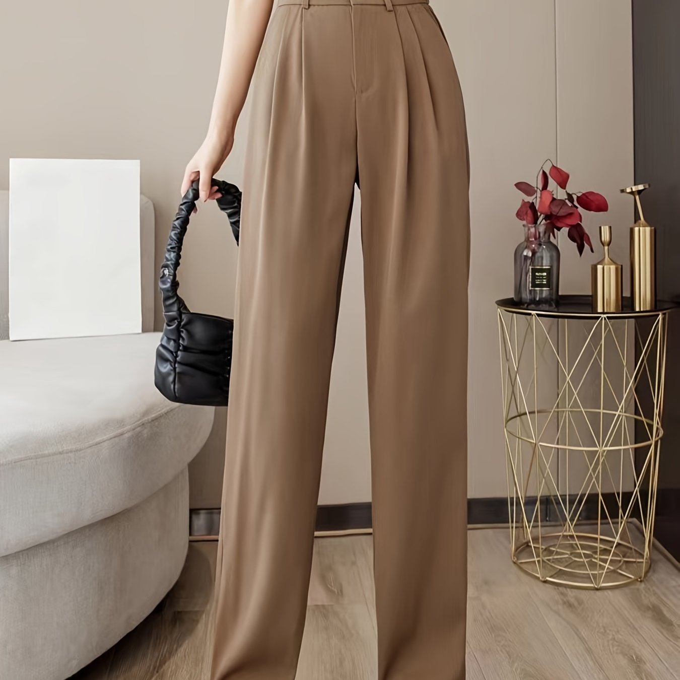 vlovelaw Solid High Waist Draped Long Length Pants, Casual Loose Spring & Autumn Pants, Women's Clothing