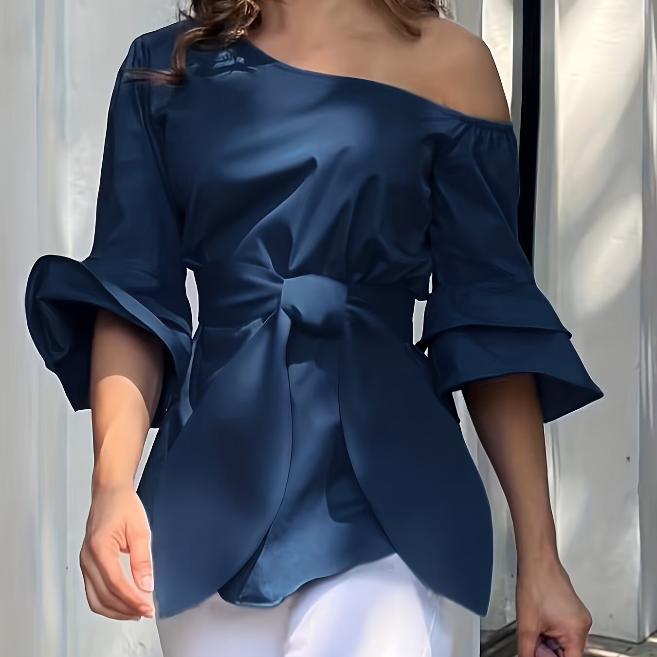 vlovelaw Solid Cold Shoulder Waist Belted Top, Elegant Layered Ruffle Sleeve Top For Spring & Fall, Women's Clothing
