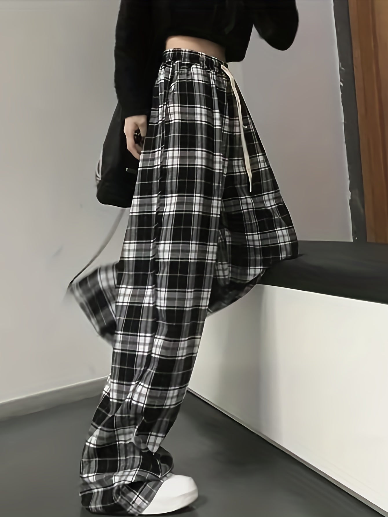 vlovelaw Plaid Drawstring Straight Leg Pants, Casual Loose Pants For Spring & Fall, Women's Clothing