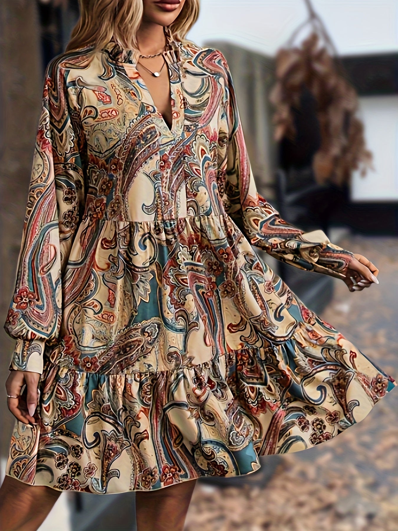 vlovelaw Paisley Print V Neck Dress, Elegant Long Sleeve Ruffle Hem Dress, Women's Clothing