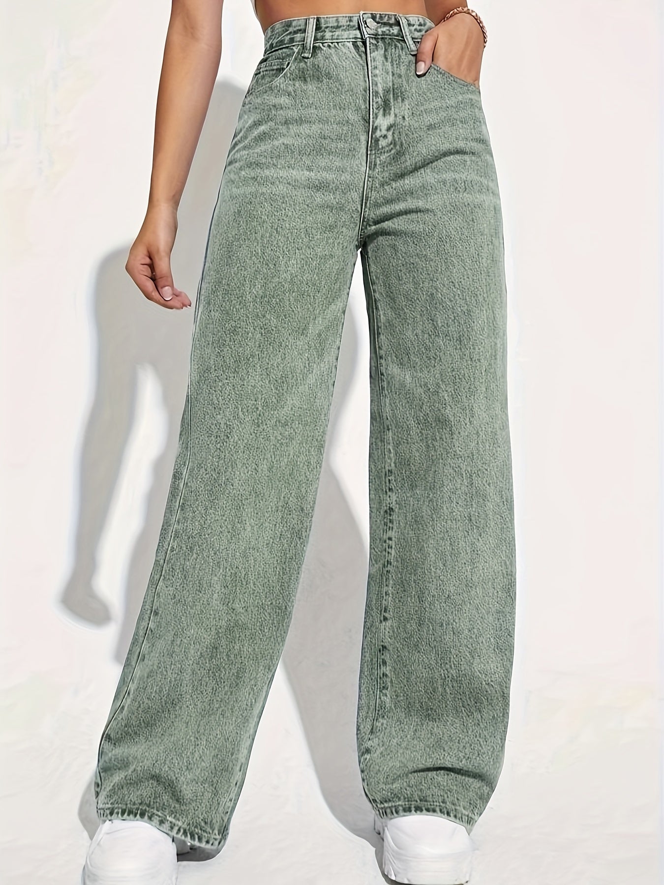 vlovelaw Plain Loose Fit Baggy Jeans, Slant Pockets Non-Stretch Casual Wide Legs Jeans, Women's Denim Jeans & Clothing