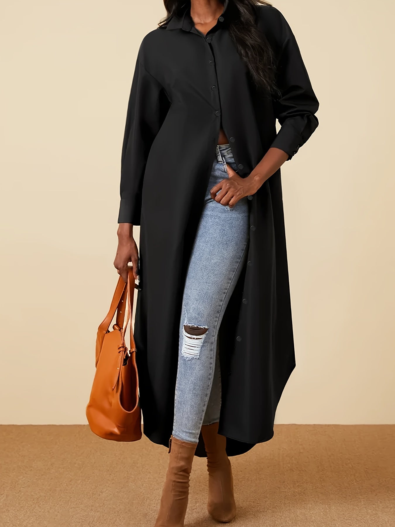 vlovelaw  Plus Size Casual Dress, Women's Plus Solid Long Sleeve Button Up Lapel Collar Shirt Maxi Dress