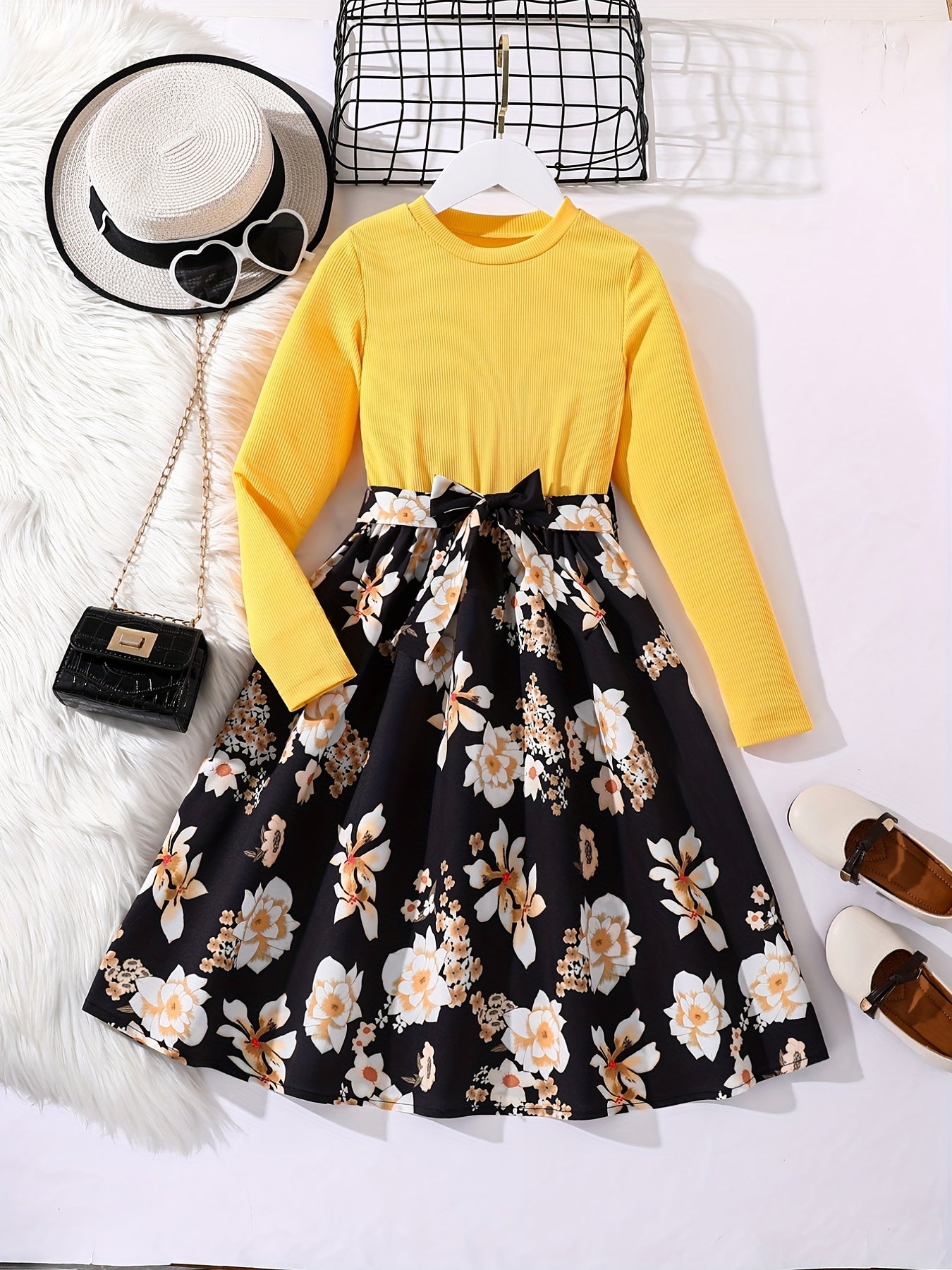 vlovelaw Girls Long Sleeves Round Neck Flowers Splicing Belted Dress For Party Kids Spring Clothes