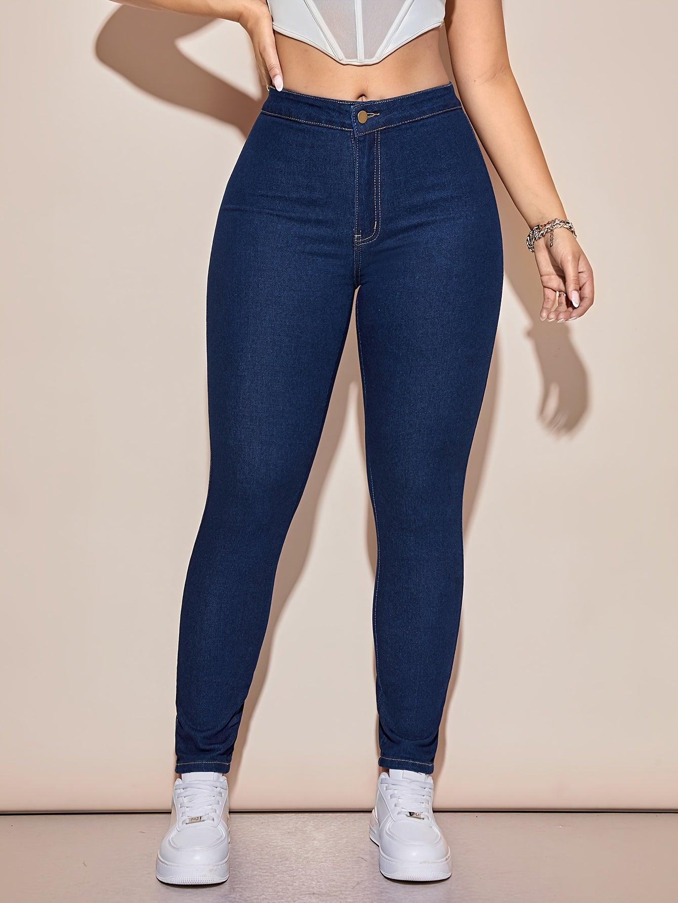 vlovelaw Plain Slight-Stretch Skinny Jeans, Slim Fit Patch Pockets Casual Denim Pants, Women's Denim Jeans & Clothing