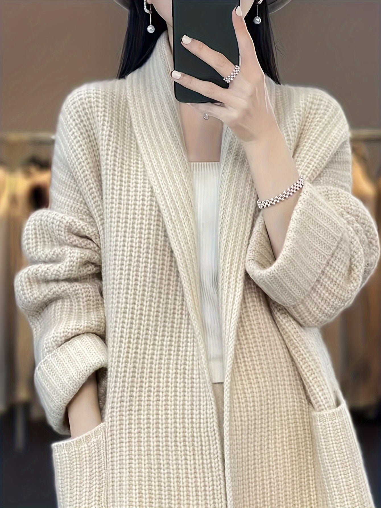 vlovelaw Solid Open Front Knit Cardigan, Casual Long Sleeve Oversized Sweater Coat With Pocket, Women's Clothing