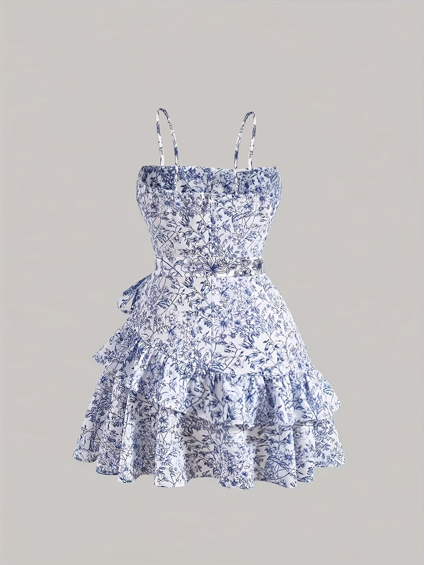 vlovelaw Floral Print Cami Dress, Elegant Backless Layered Ruffle Hem Dress For Spring & Summer, Women's Clothing