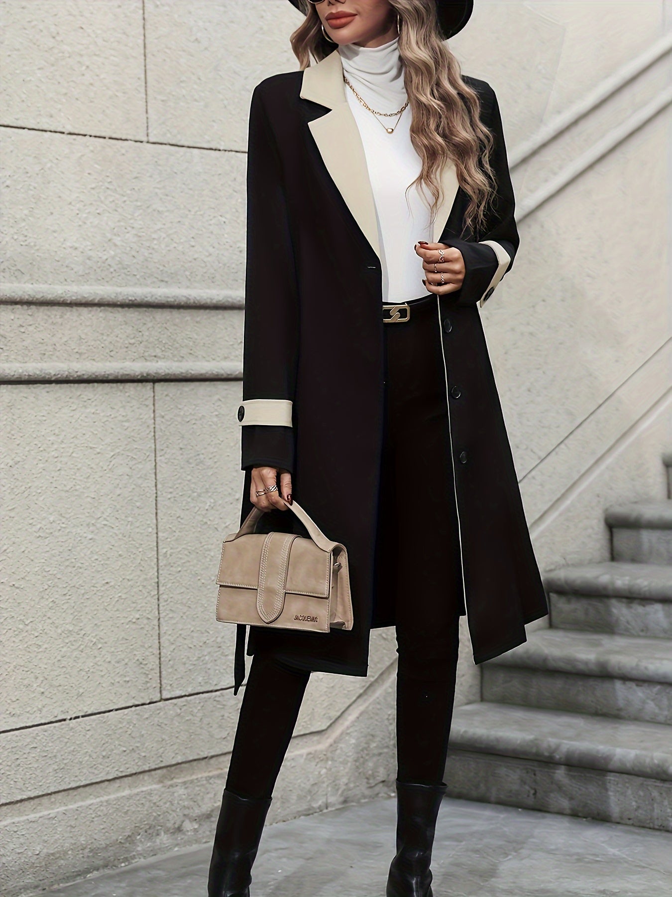 vlovelaw Button Front Contrast Trim Trench Coat, Casual Long Sleeve Trench Coat, Women's Clothing