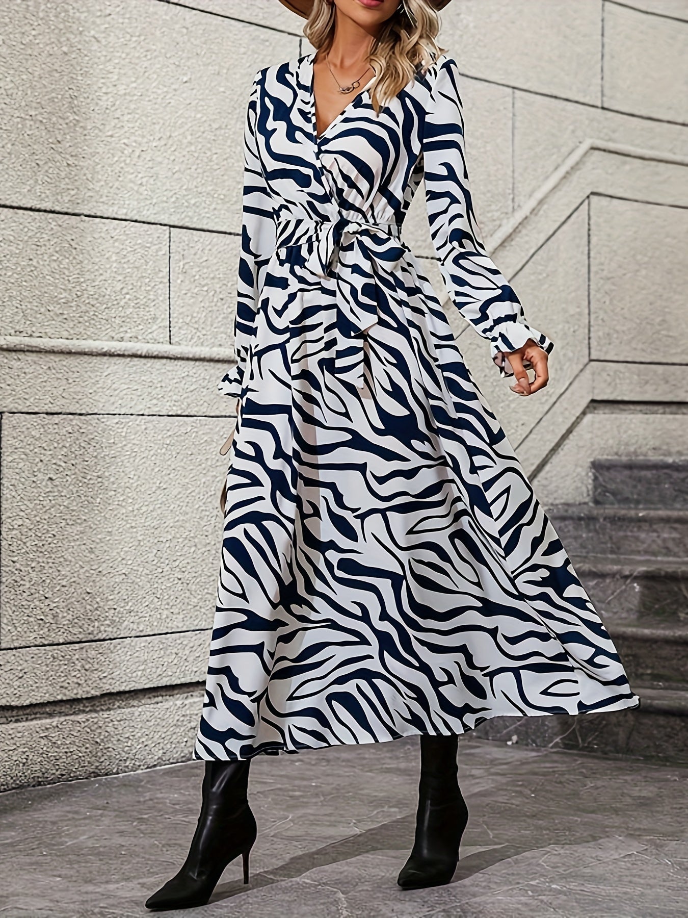 Zebra Stripe Print Lantern Sleeve Dress, Surplice Neck Tie-waist Dress, Women's Clothing