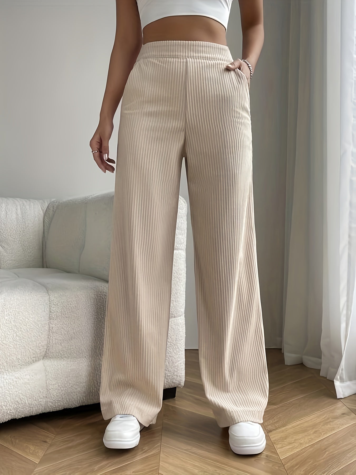 vlovelaw Solid Color Ribbed Casual Pants, Elastic Waist Running Sports Wide Leg Pants, Women's Activewear