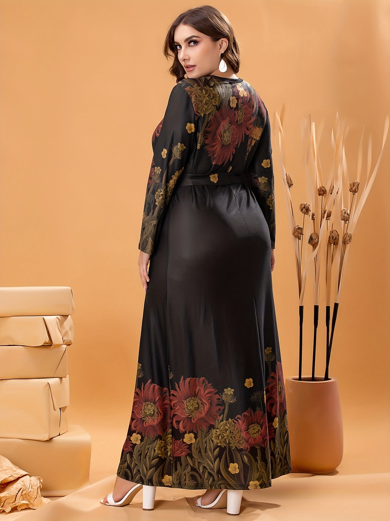 Plus Size Elegant Dress, Women's Plus Floral Print Long Sleeve Round Neck Maxi Dress With Belt