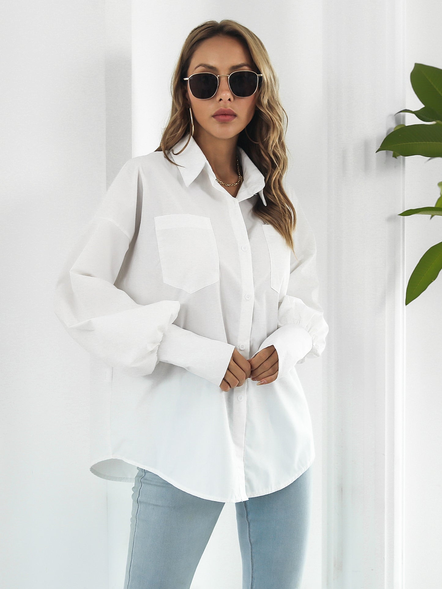 Women's Blouse Women Streetwear Button-down Shirt Irregular Long Sleeve Lapel Blouse With Pockets Autumn Loose Blouse