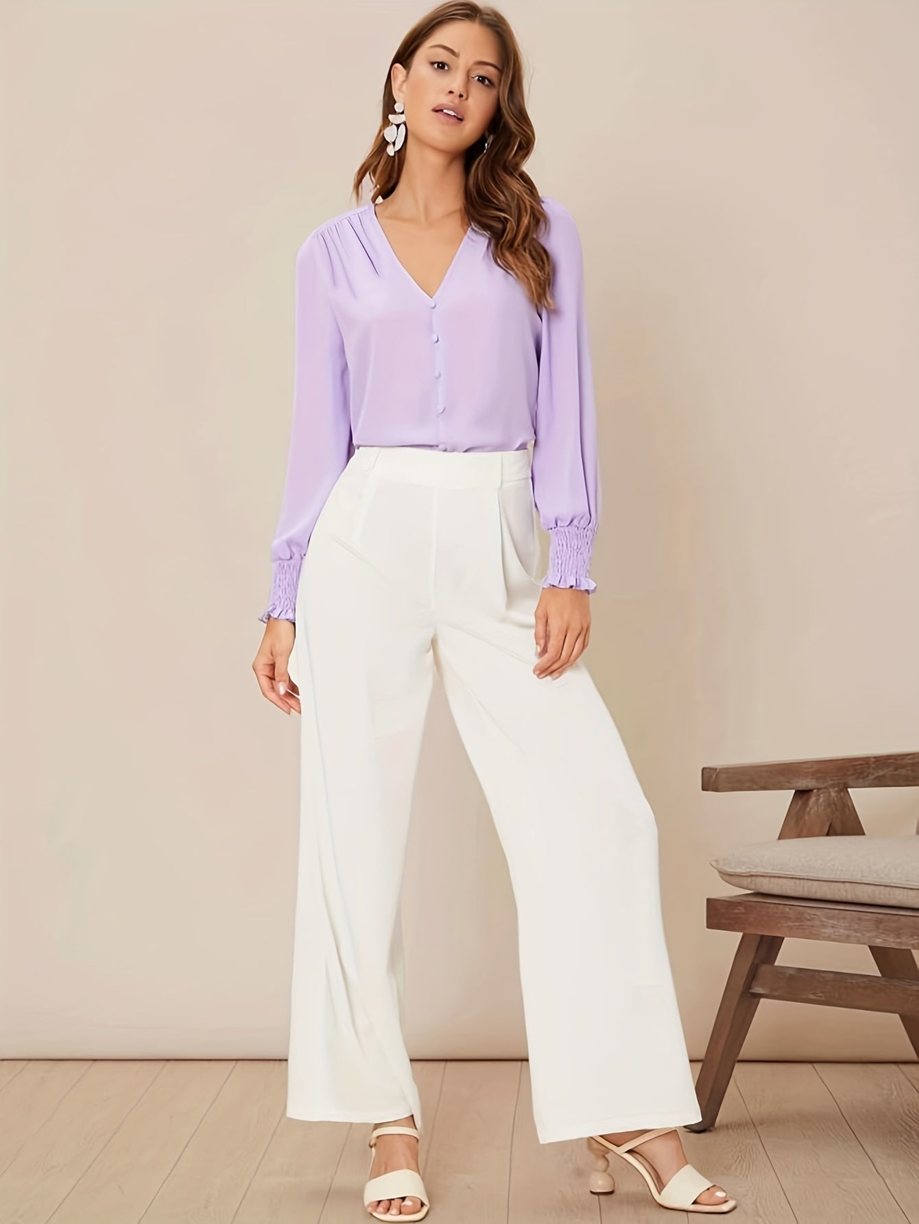 Solid Shirred Daily Wear Blouse, Elegant V Neck Long Sleeve Blouse, Women's Clothing