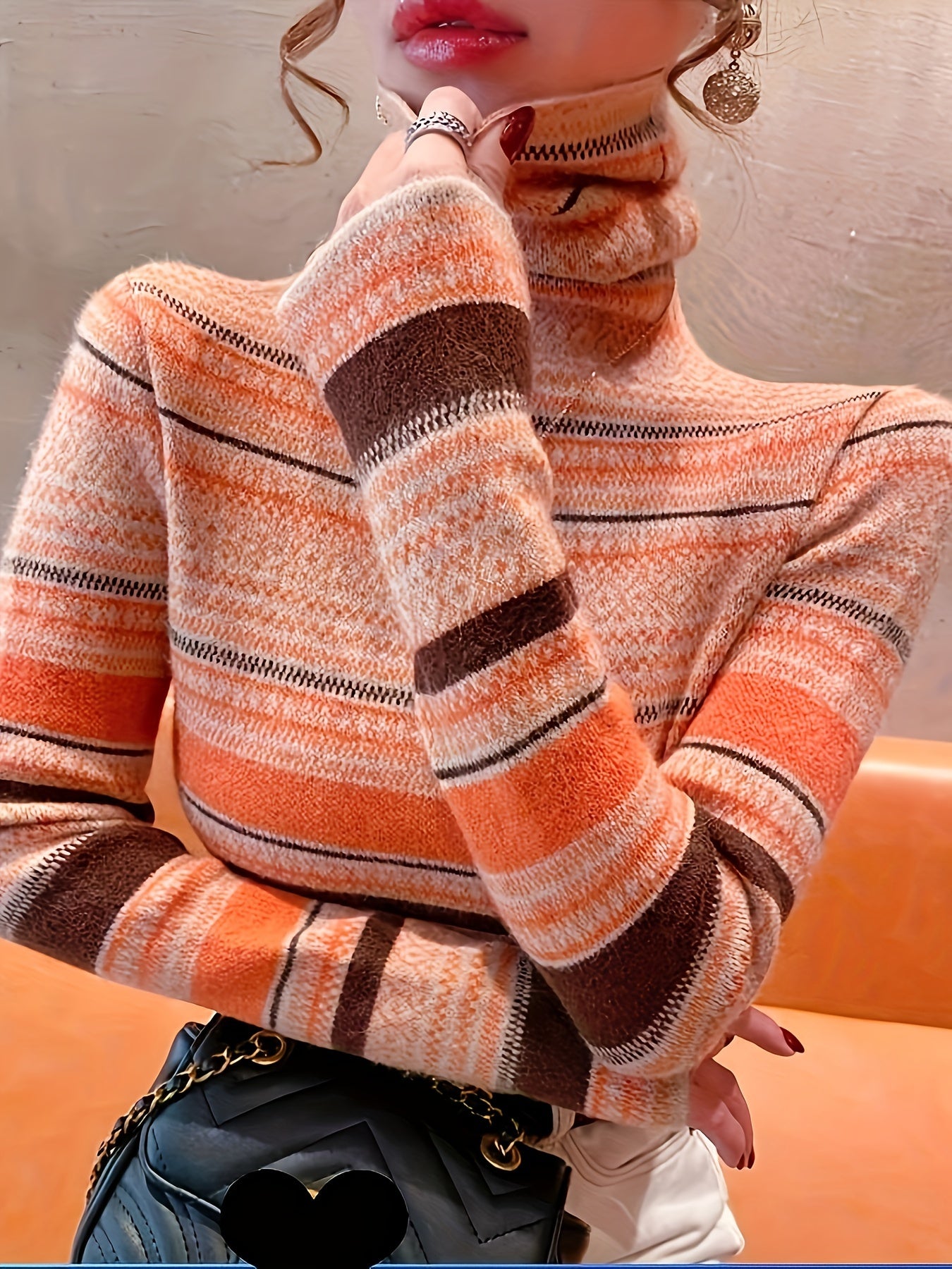 vlovelaw Stripes Print Turtle Neck Pullover Sweater, Elegant Long Sleeve Knitted Sweater For Fall & Winter, Women's Clothing