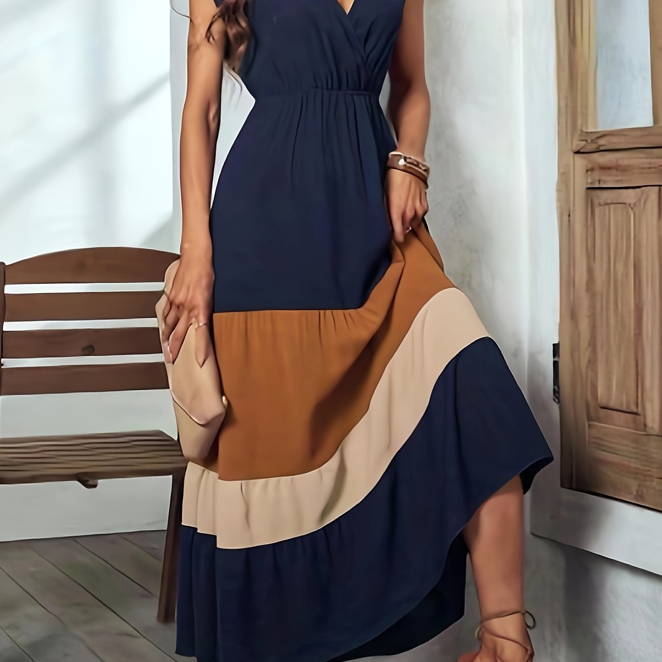 vlovelaw Color Block Surplice Neck Dress, Elegant Sleeveless Maxi Dress, Women's Clothing