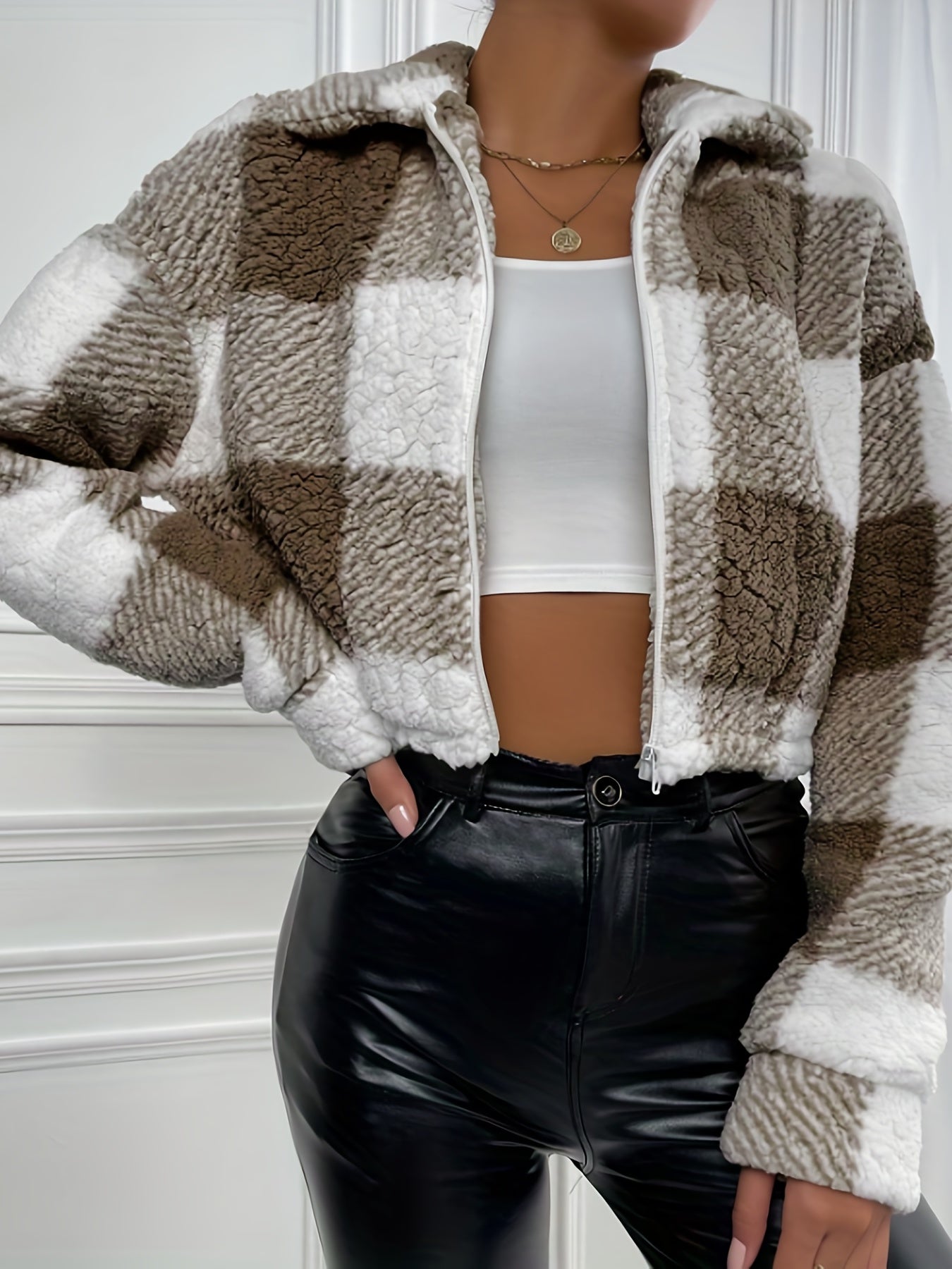 Plaid Pattern Teddy Jacket, Casual Zip Up Long Sleeve Outerwear, Women's Clothing