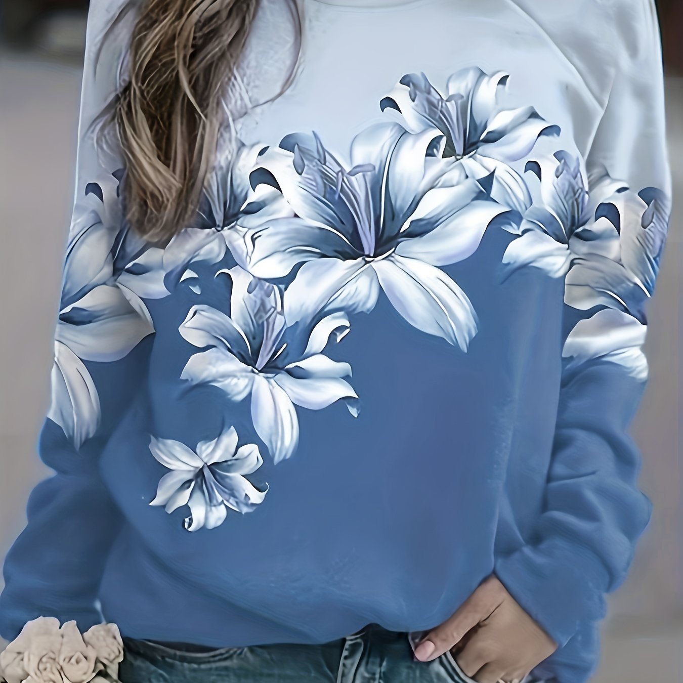 vlovelaw Plus Size Casual Sweatshirt, Women's Plus Floral Print Long Sleeve Round Neck Medium Stretch Sweatshirt