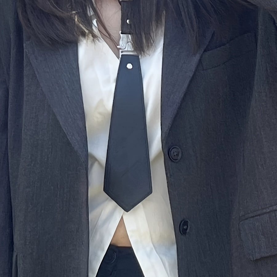 Black Detachable PU Leather Tie Punk Decorative Shirt Necktie Women's Personalized Street Outfits Tie