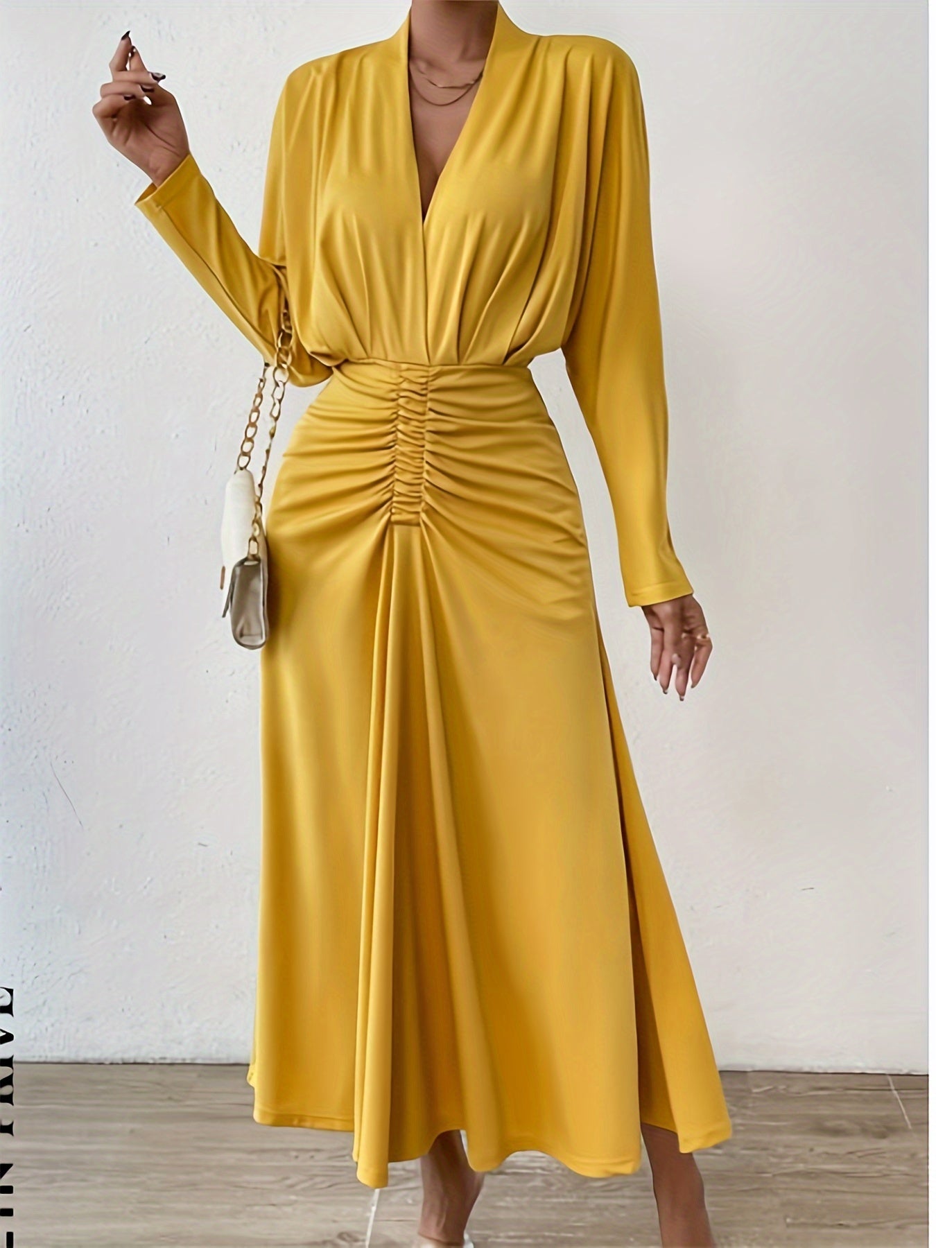 Ruched Solid Maxi Dress, Elegant V Neck Long Sleeve Dress, Women's Clothing