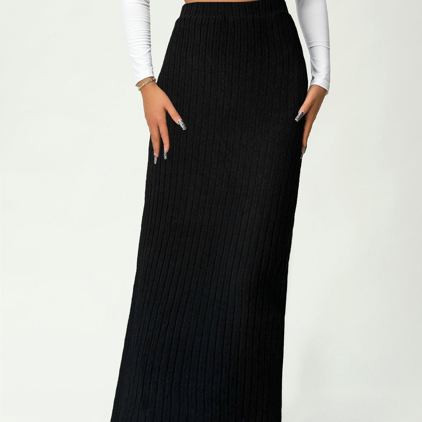 Solid Scallop Trim High Waist Skirt, Elegant Long Length Skirt For Spring & Fall, Women's Clothing