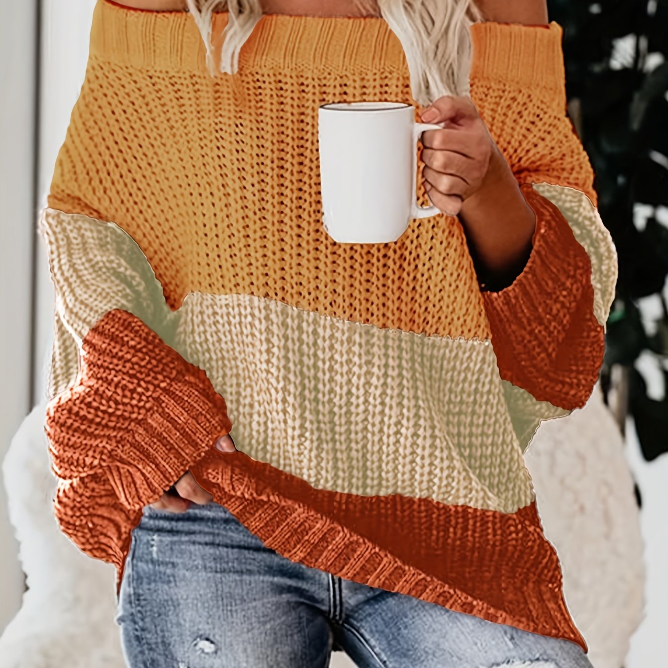 Off Shoulder Color Block Knit Sweater, Casual Loose Long Sleeve Sweater, Women's Clothing