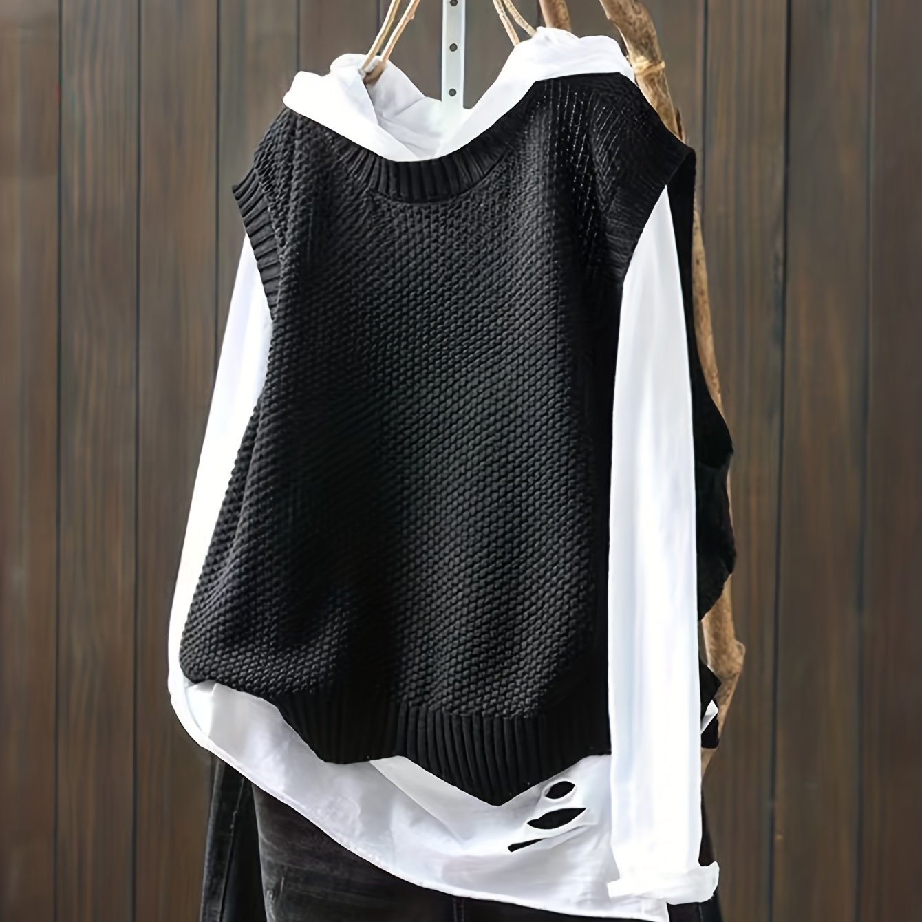 Solid Crew Neck Knitted Vest, Casual Sleeveless Loose Sweater, Women's Clothing