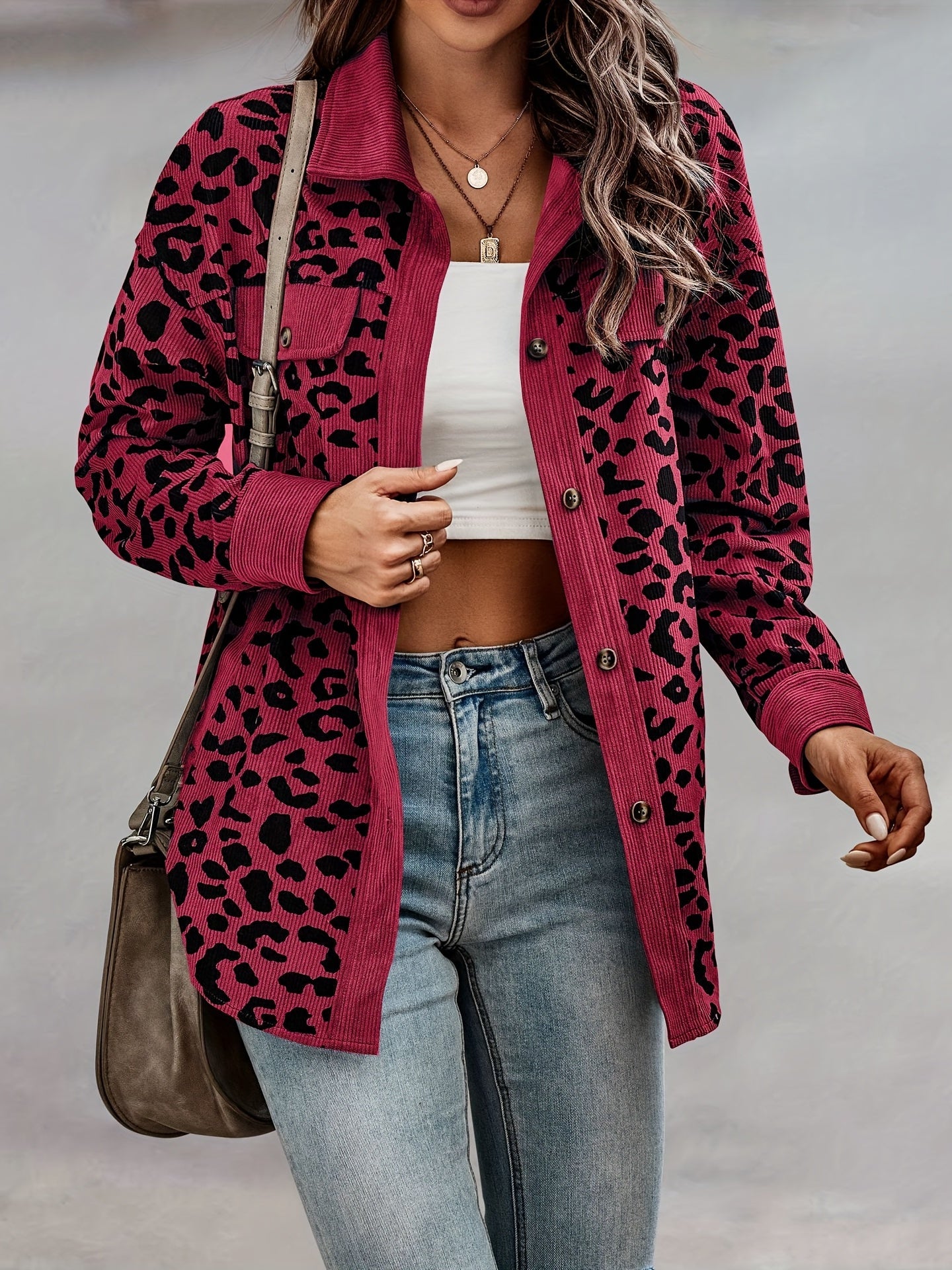 vlovelaw Leopard Print Shacket Jacket, Casual Button Front Turn Down Collar Long Sleeve Outerwear, Women's Clothing