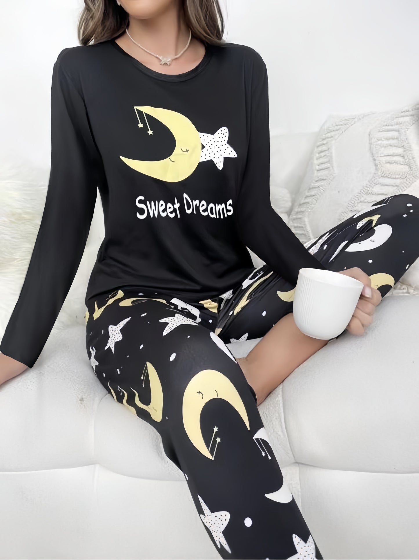vlovelaw Moon & Star Print Lounge Set, Long Sleeve Crew Neck Top & Elastic Waistband Pants, Women's Loungewear & Sleepwear