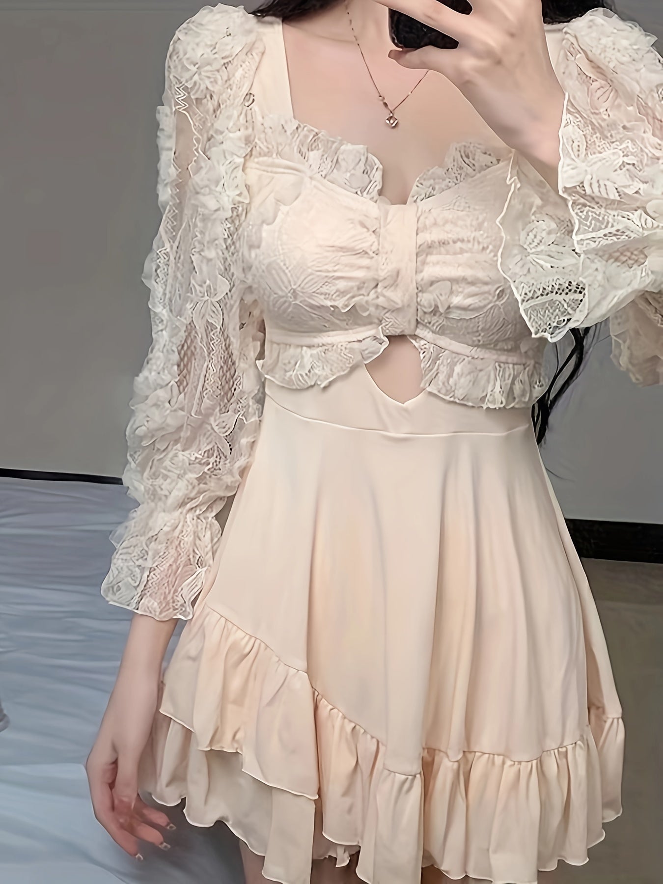 vlovelaw Solid Color Skirted One-piece Swimsuit, Long Sleeves Contrast Mesh Fashion Bathing Suits, Women's Swimwear & Clothing