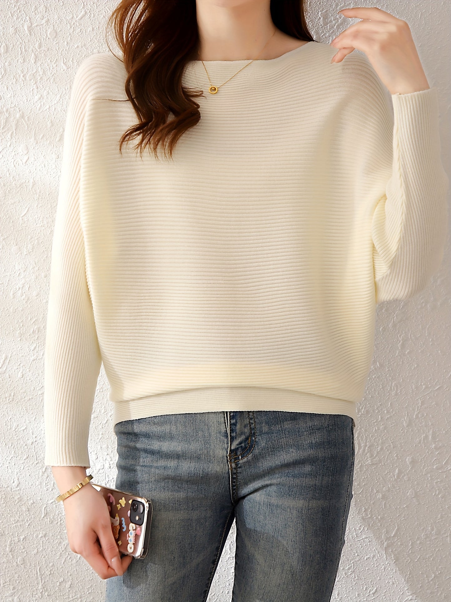 Solid Batwing Sleeve Knit Sweater, Casual Boat Neck Sweater For Spring & Fall, Women's Clothing