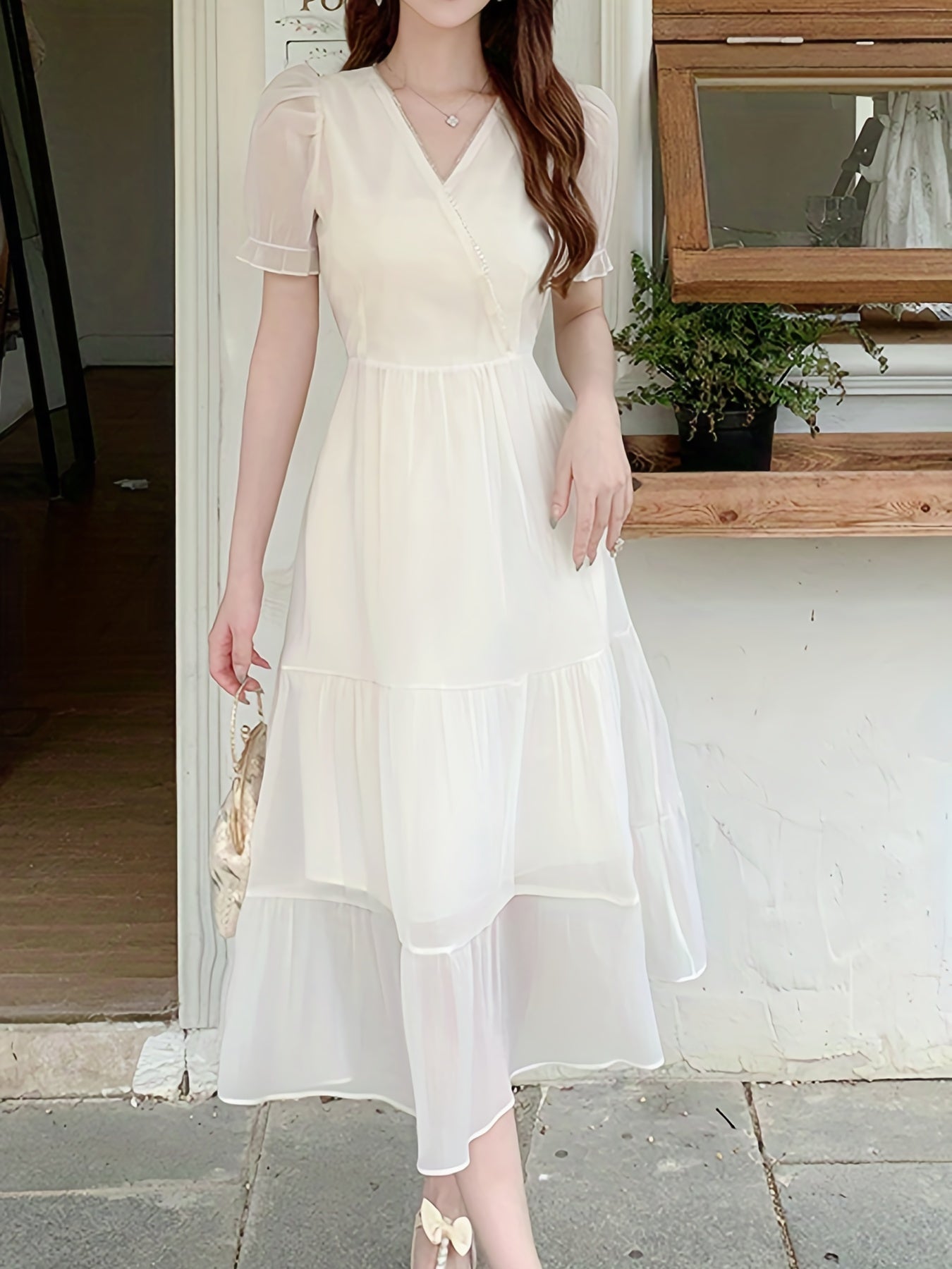 vlovelaw Mesh Overlay Puff Sleeve Dress, Elegant V-neck A-line Dress For Spring & Summer, Women's Clothing