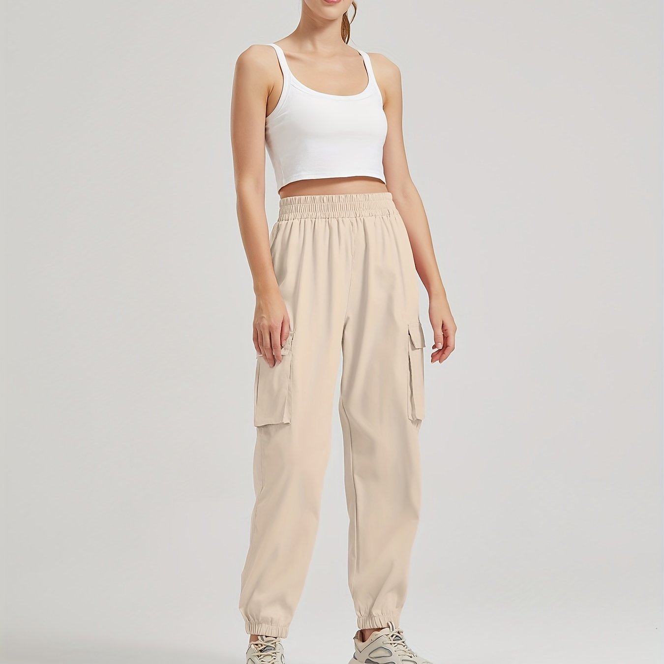 vlovelaw Solid Color Casual Joggers Sweatpant, Cargo Loose High Waisted Pants With Pockets, Women's Athleisure