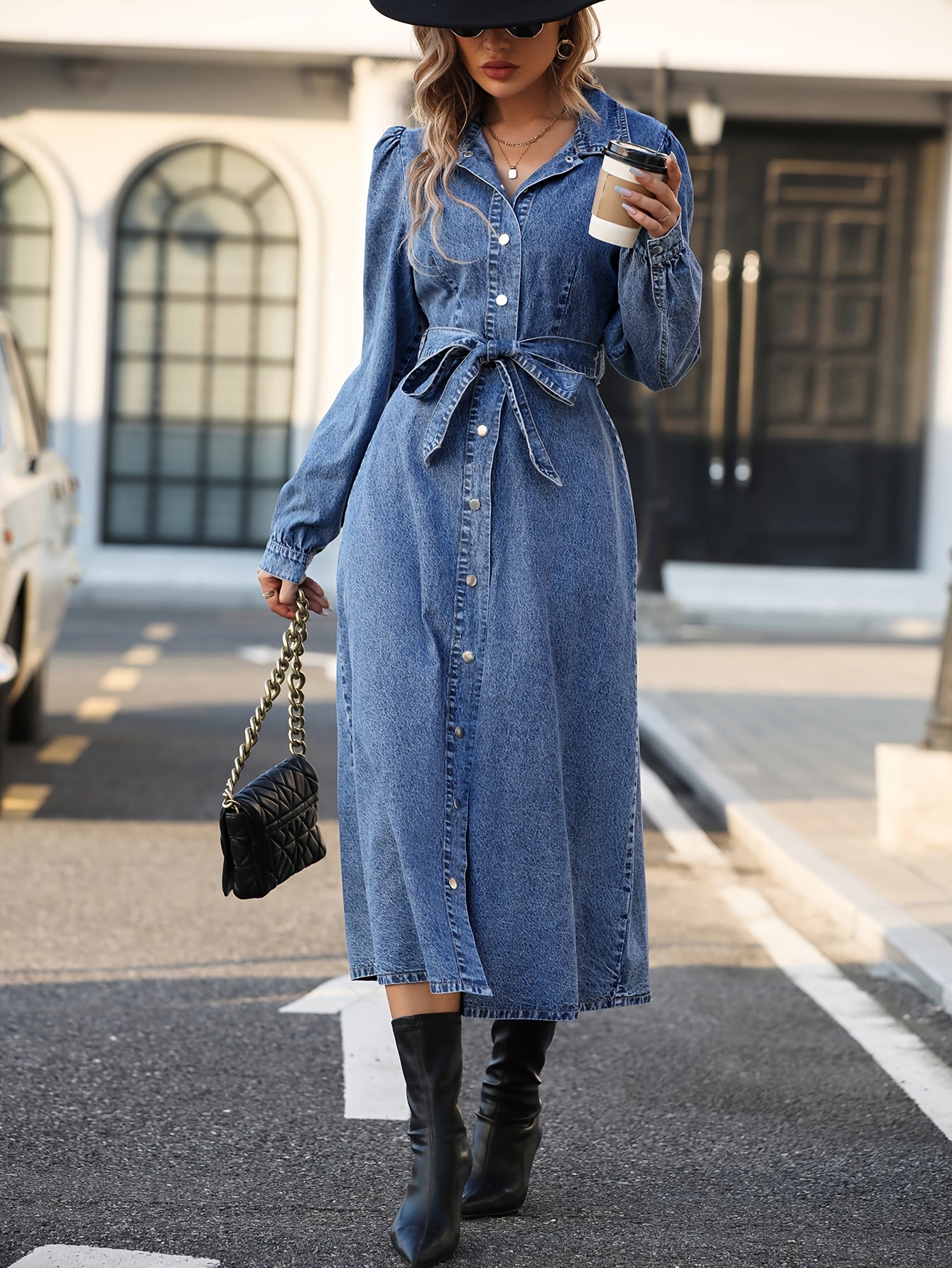 Blue Long Sleeves Denim Dress, Single Breasted Button With Waistband Lapel Denim Dress, Women's Denim Clothing