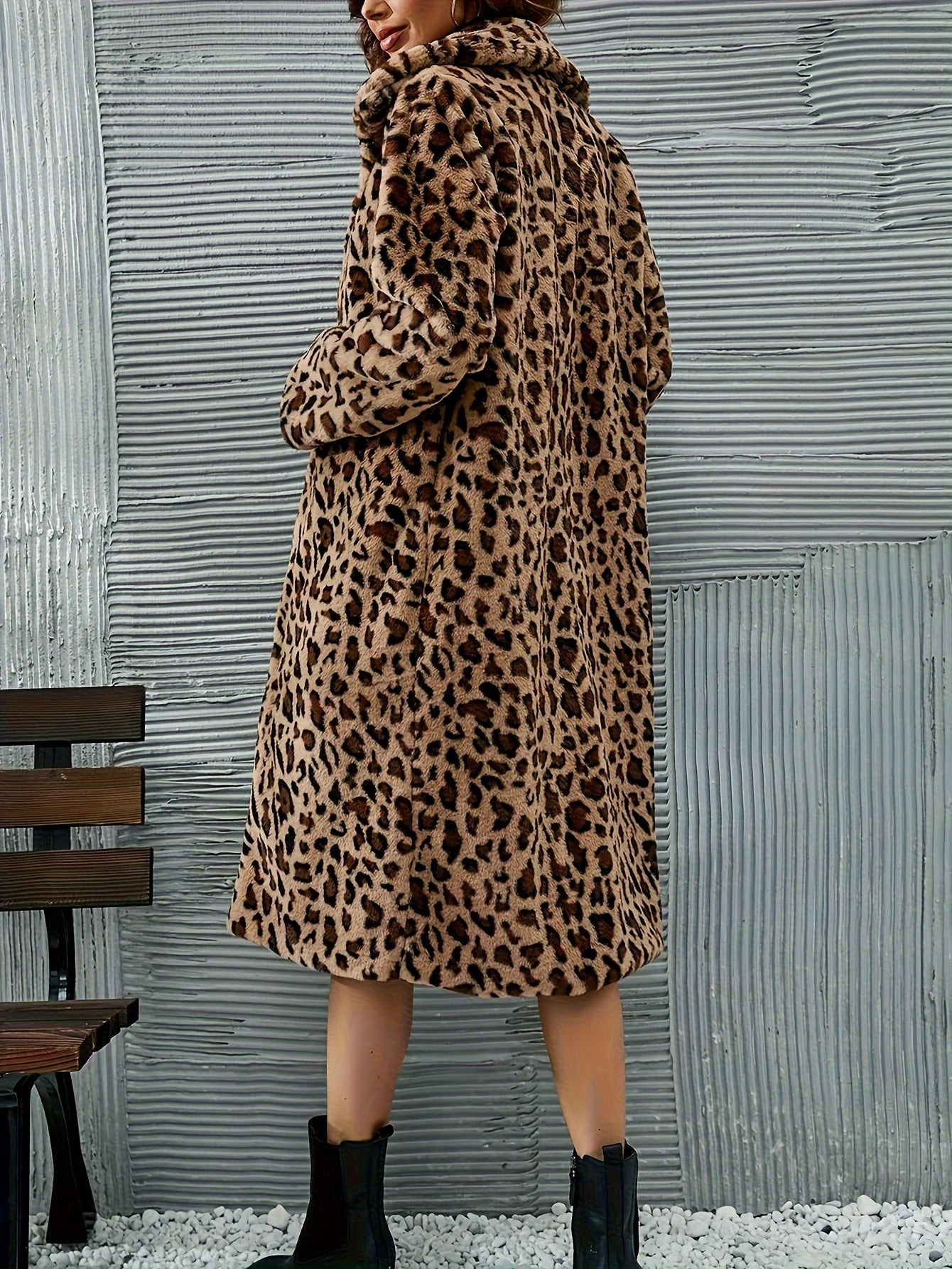 vlovelaw Leopard Pattern Fuzzy Coat, Casual Open Front Long Sleeve Warm Outerwear For Fall & Winter, Women's Clothing