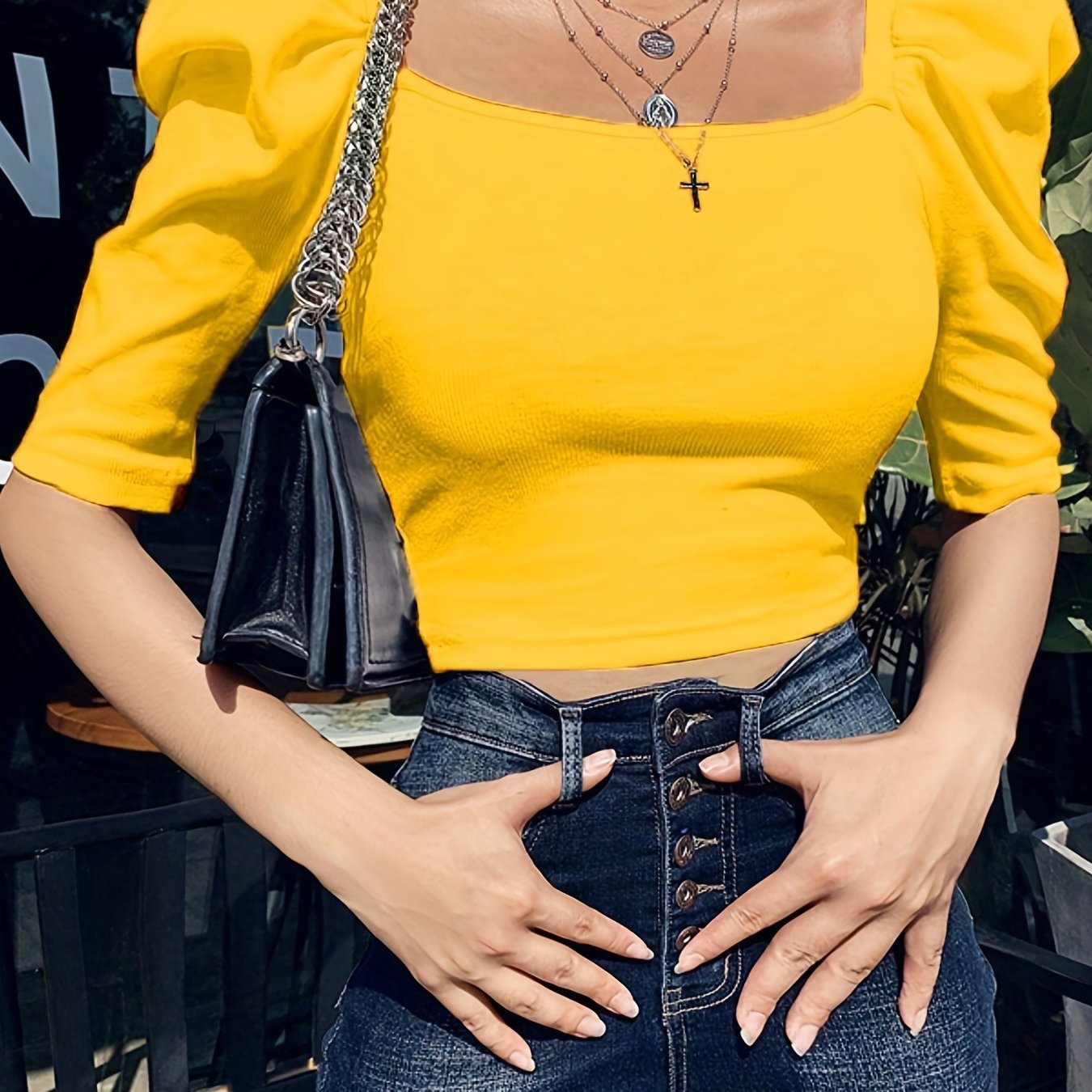 Square Neck Bubble Sleeve T-shirt, Casual Solid Every Day Top For Spring & Summer, Women's Clothing