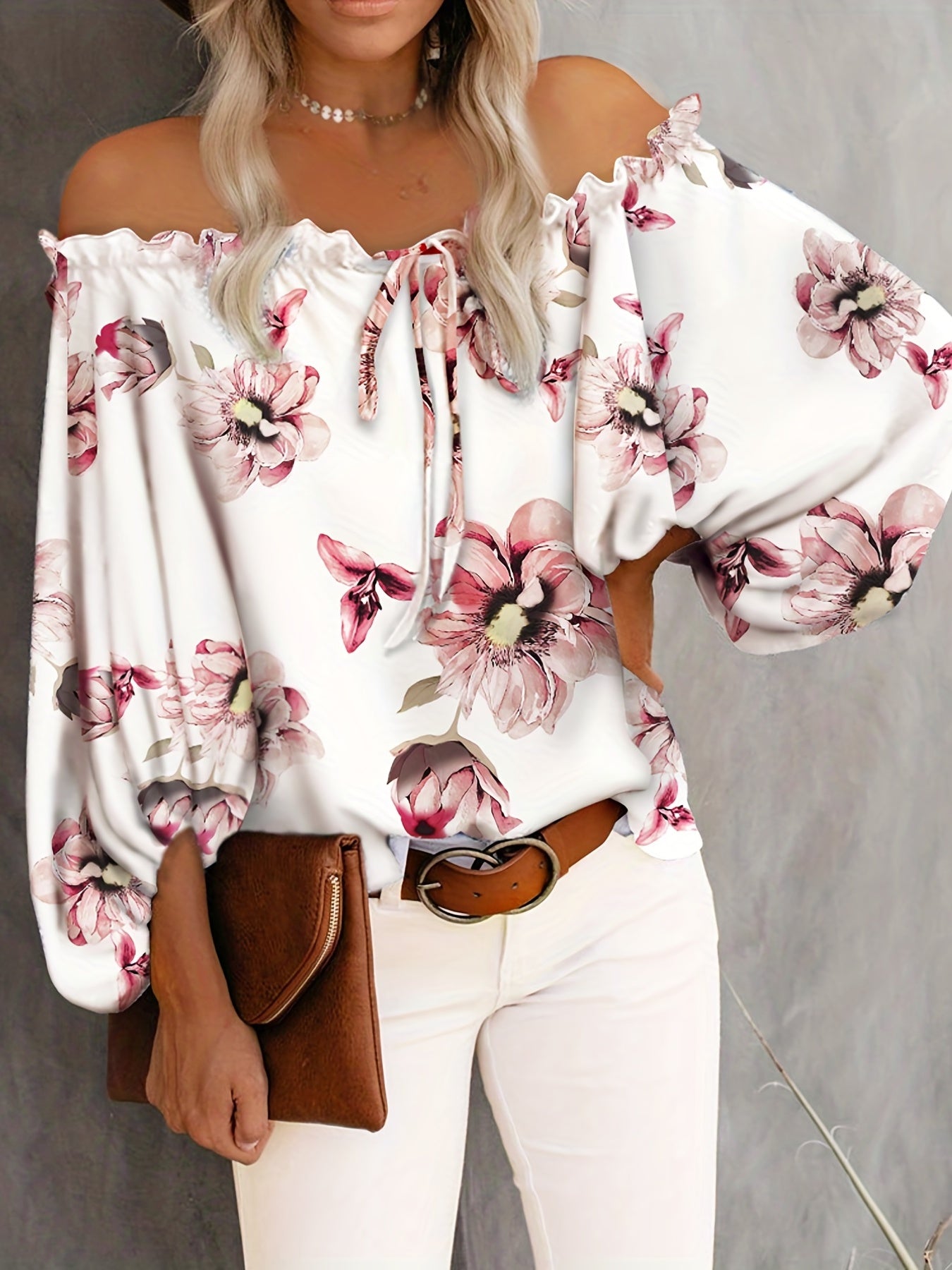 vlovelaw Floral Print Off Shoulder Blouse, Sexy Ruffle Trim Long Sleeve Blouse, Women's Clothing