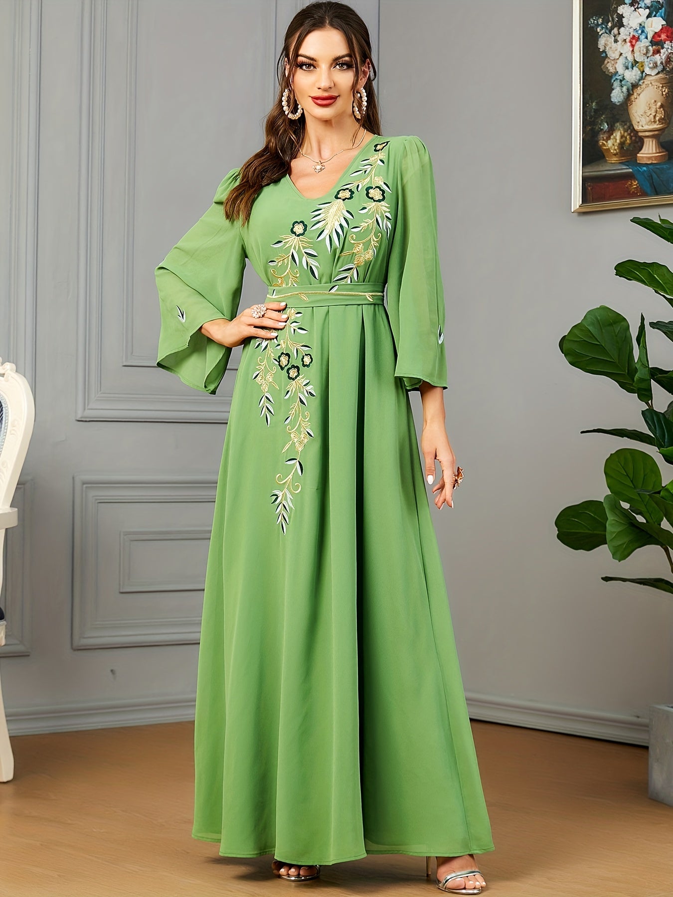 Floral Embroidered V Neck Belted Dress, Elegant Bell Sleeve Maxi Dress, Women's Clothing