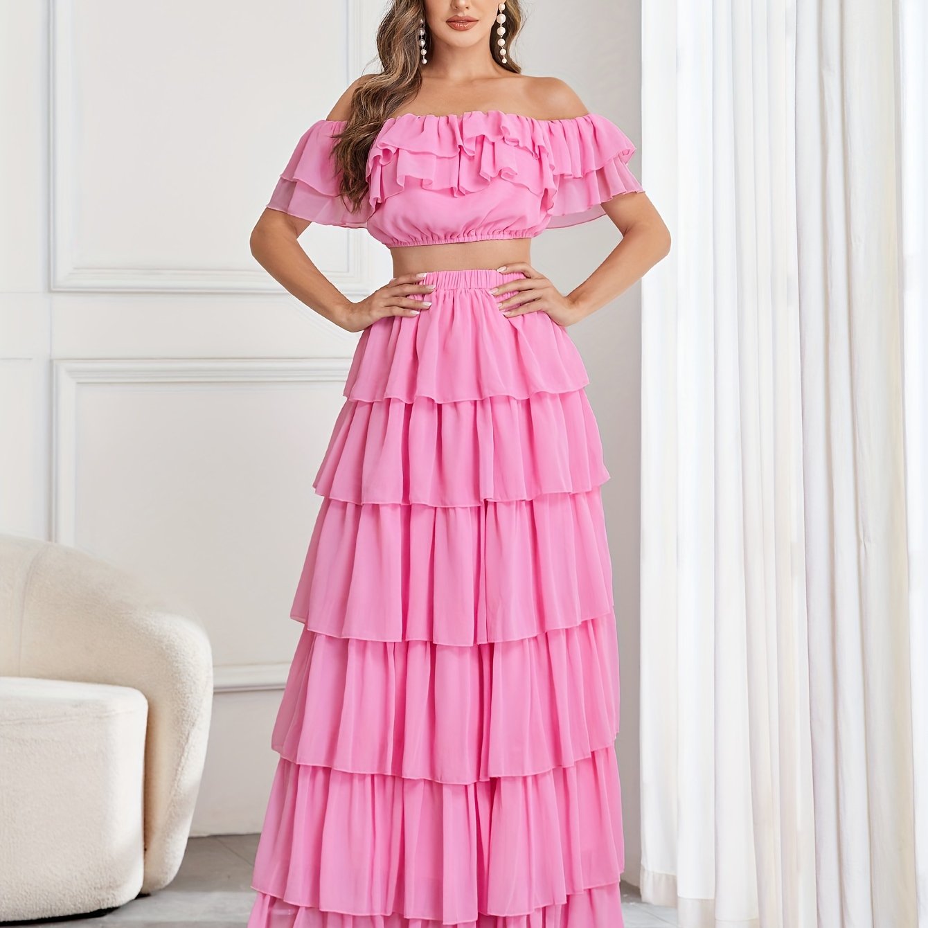 vlovelaw Elegant Two-piece Set, Off Shoulder Ruffle Trim Crop Top & Layer Hem Skirt Outfits, Women's Clothing
