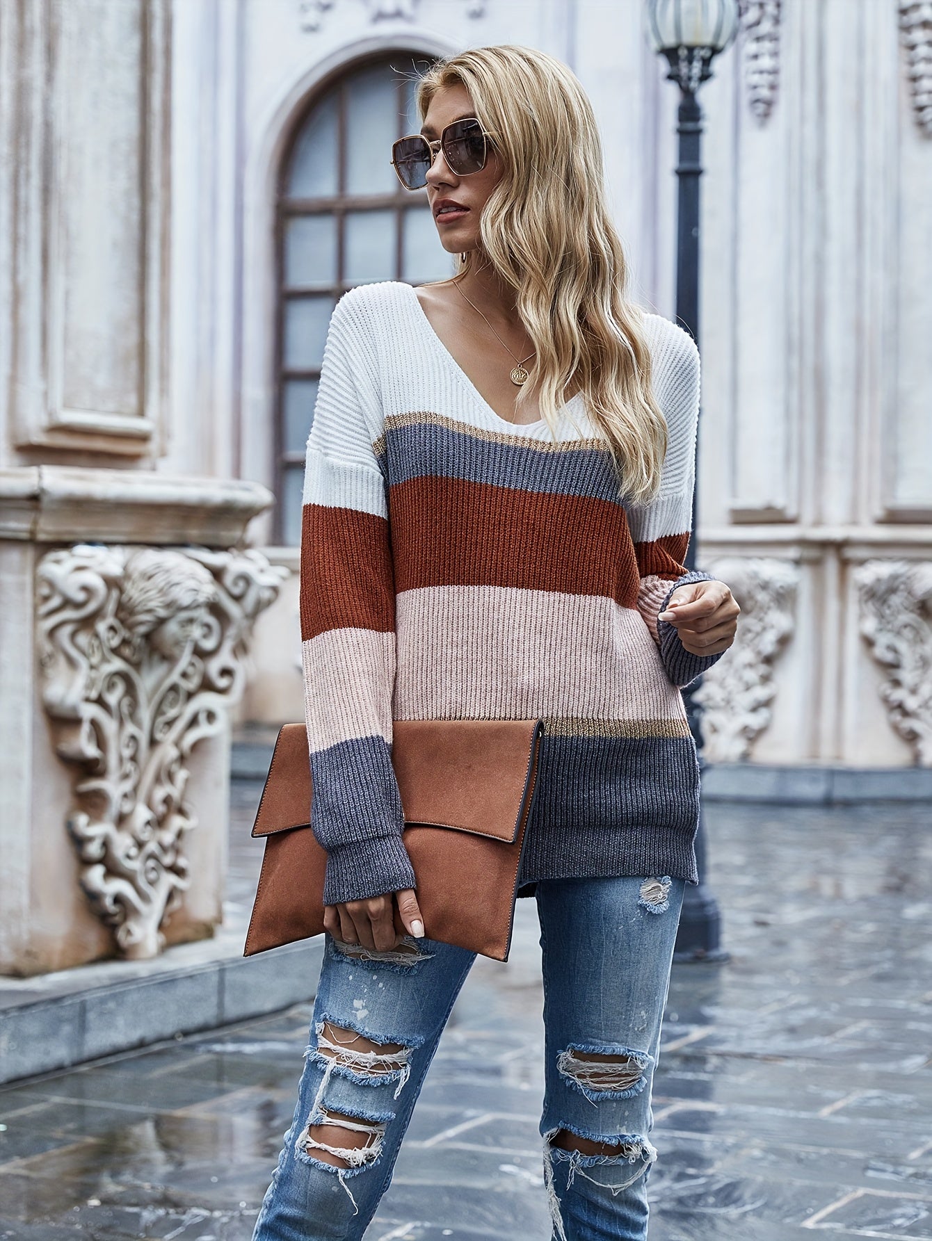 vlovelaw Color Block V Neck Pullover Sweater, Elegant Long Sleeve Drop Shoulder Sweater, Women's Clothing