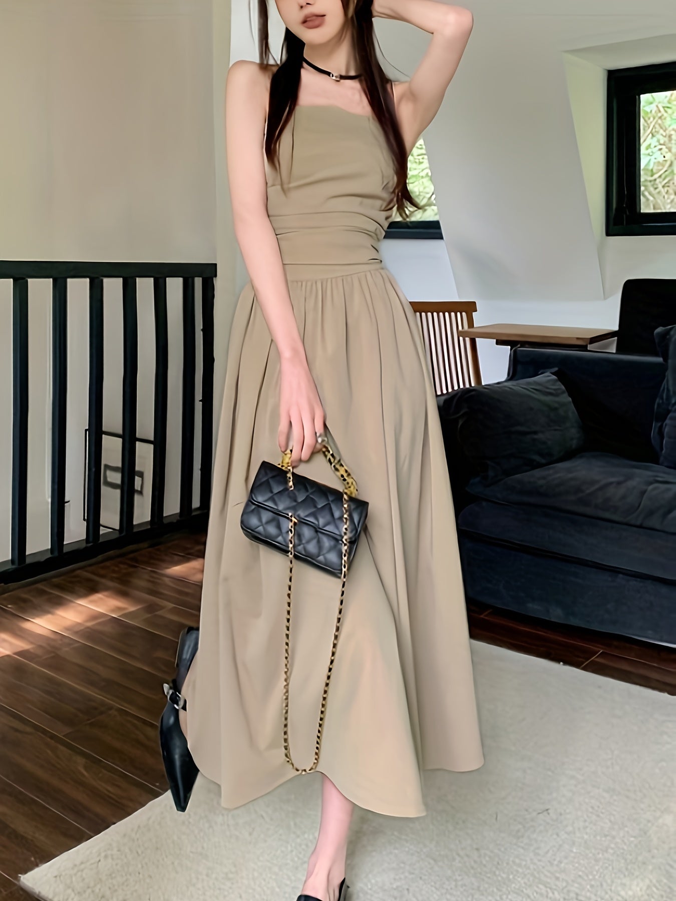 vlovelaw Solid Ruched Tube Dress, Elegant Sleeveless Strapless Dress For Summer & Spring, Women's Clothing